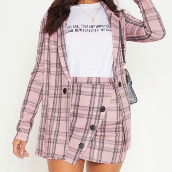 PrettyLittleThing Dresses & Skirts - Pink and Black Checkered Blazer and Skirt Set